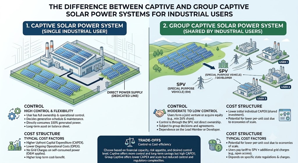 The Difference Between Captive and Group Captive Solar Power Systems for Industrial Users in Terms of Control and Cost